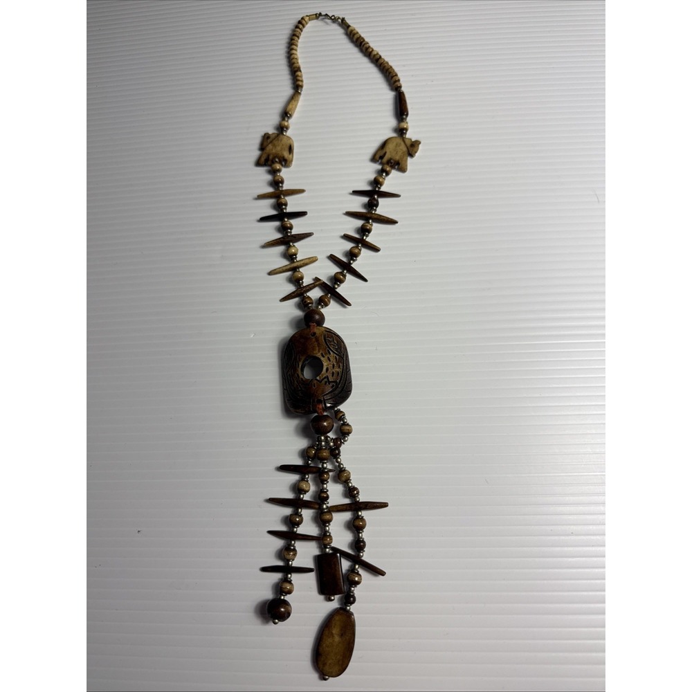 Vintage Tribal Brown carved Animals Necklace‎ Ethnic beaded  Safari Style